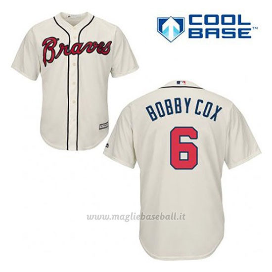 Maglia Baseball Uomo Atlanta Braves 6 Bobby Cox Crema Alterner Cool Base